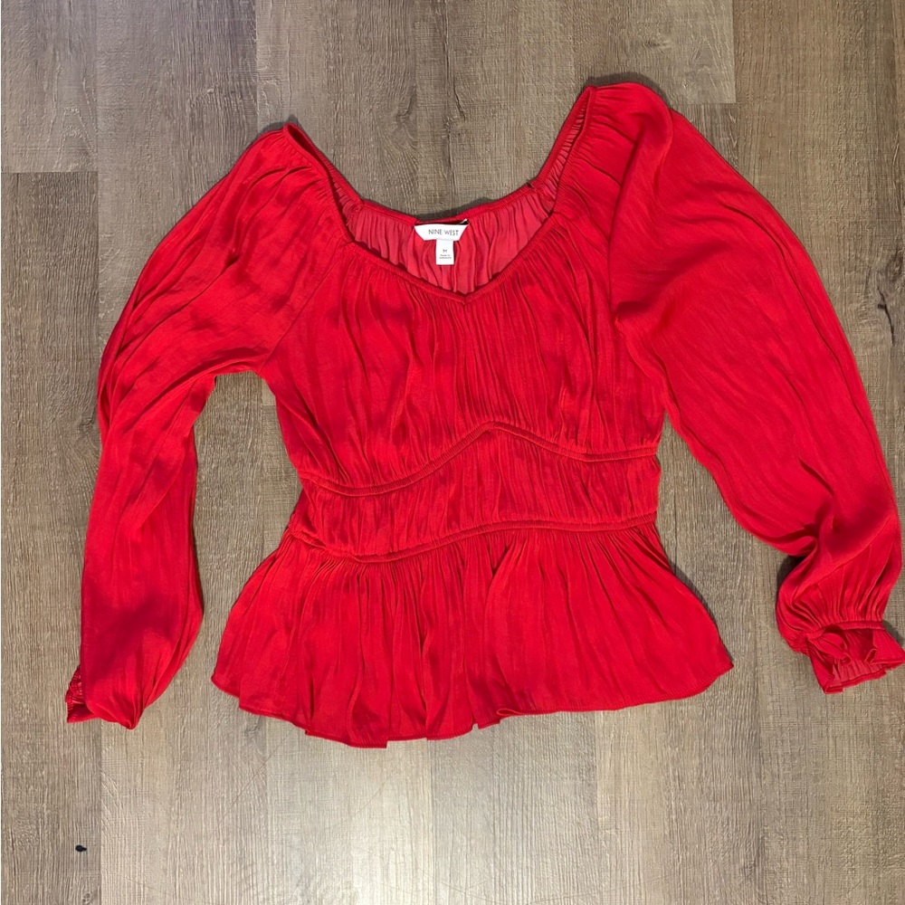 Nine West Red Long-Sleeve Peplum Blouse
